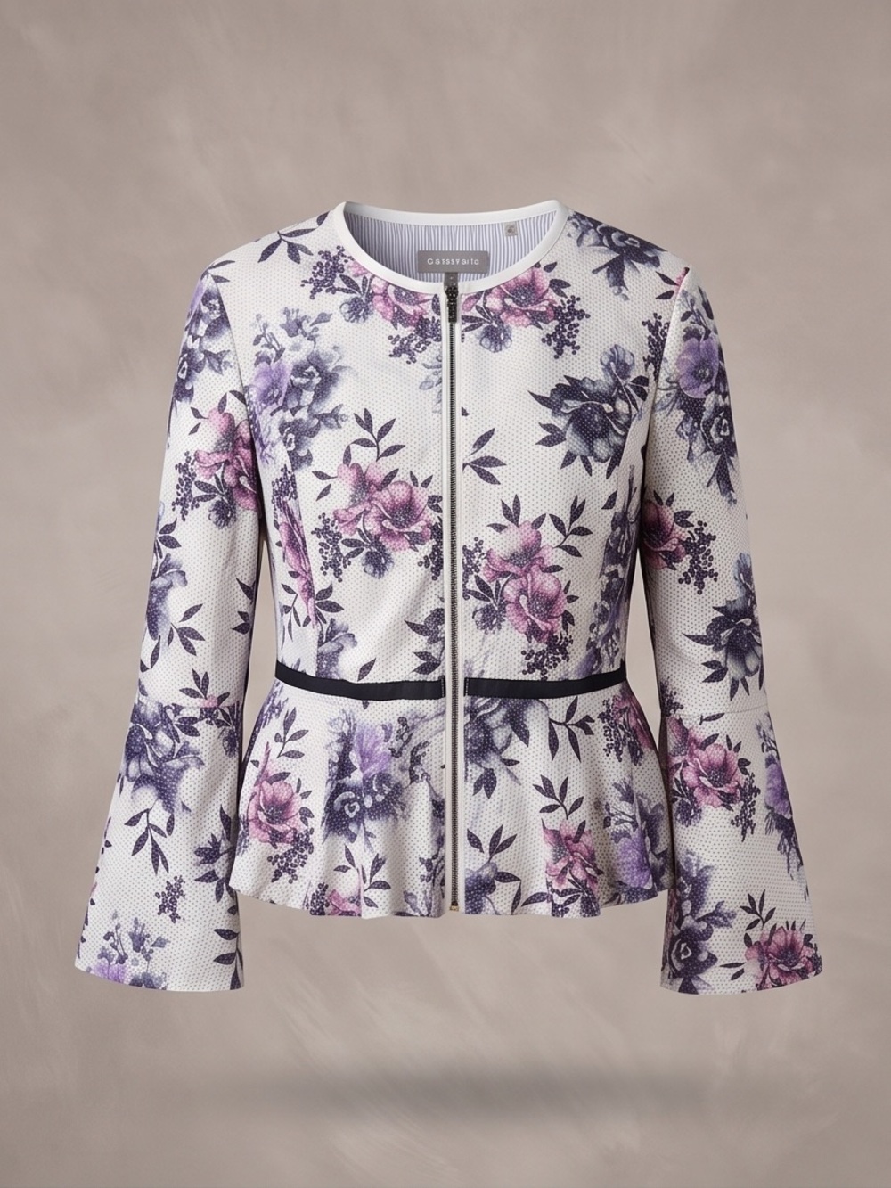 bagatelle White Floral Peplum Zip Jacket with Purple and Pink Blooms